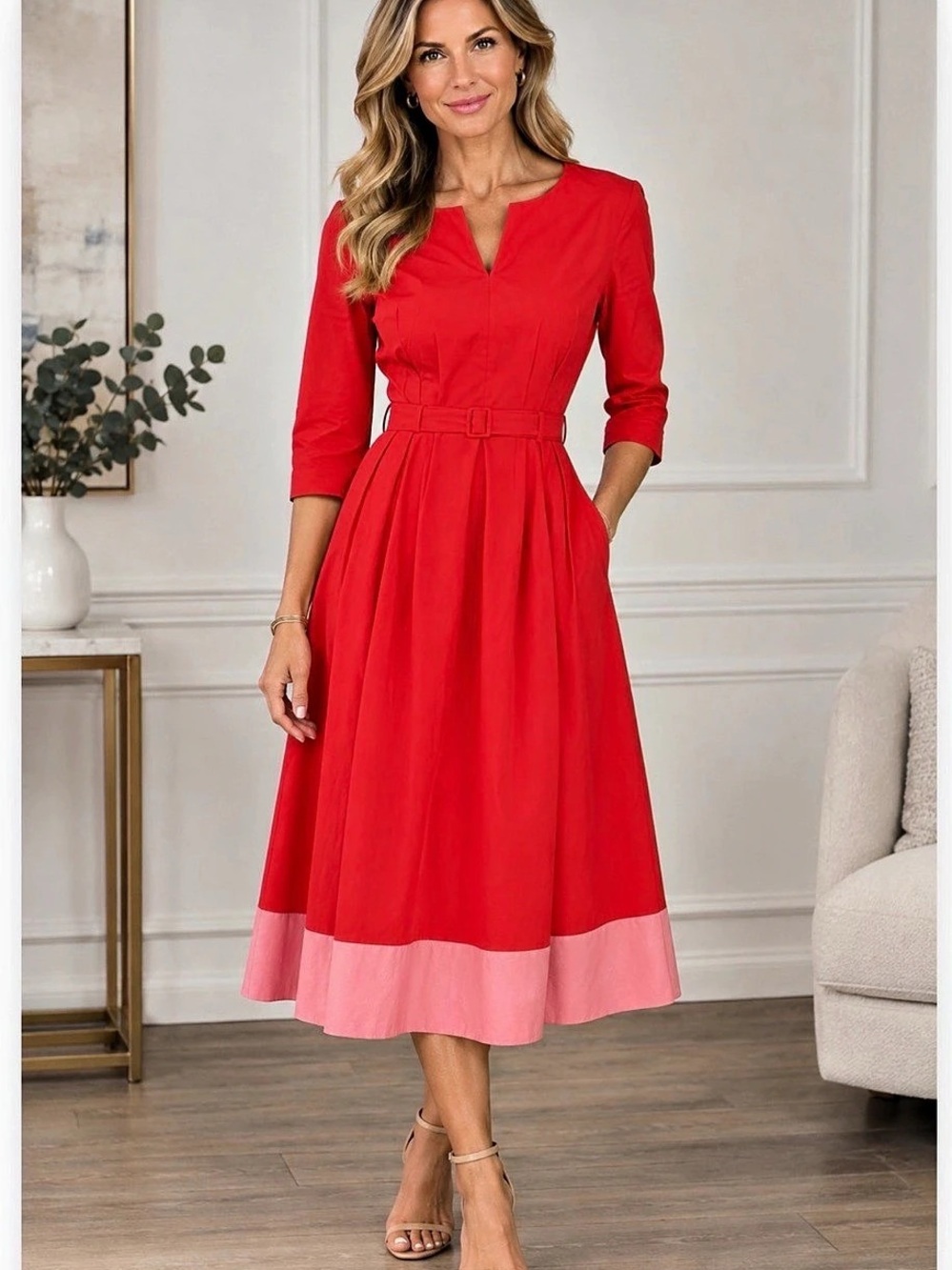 Fox's Color Block Belted Midi Dress in Red & Pink size eu 40